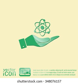 hand holding the atom, molecule. the symbol of physics and chemistry. symbol icon of physics or chemistry . the study of science