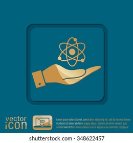 hand holding the atom, molecule. the symbol of physics and chemistry. symbol icon of physics or chemistry . the study of science