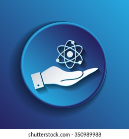hand holding the atom, molecule. the symbol of physics and chemistry. symbol icon of physics or chemistry . the study of science