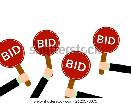 Hand holding auction bid text board icon isolated on white background. Auction bidding. Vector illustration.