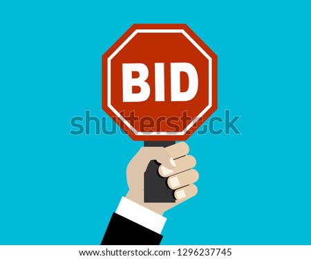 Hand holding auction paddle. Bid plate. Auction competition. Vector illustration in flat style 