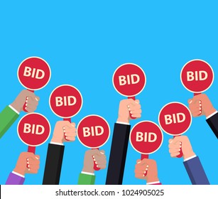 Hand Holding Auction Paddle. Bidding Concept. Auction Competition. Hands Rising Signs With BID Inscriptions. Business And Trade Process. Vector