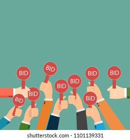 Hand Holding Auction Paddle. Bidding Icon. Auction Competition. Hands Rising Signs With BID Inscriptions. Business And Trade Concept. Vector