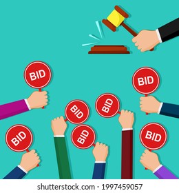 Hand holding auction paddle. Auction and bidding concept. vector illustration