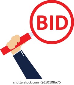 Uma mão segurando um ícone de clipart paddle leilão oferece um design simples e plano perfeito para eventos de licitação. O gráfico vetorial é isolado em um fundo, aumentando seu apelo para promoções de leilões e c