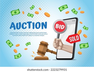 Hand Holding Auction Paddle On Smartphone. Auction Online, Vector Illustration