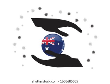 Hand holding Australia flag in cycle symbol, Protect Australian people form coronavirus  or Covid-19 concept, Save Australia, sign symbol background, vactor illustration.