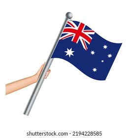 Hand holding the Australia flag, hands holding Australian flags, Aussie national flag in hand. Hand holding Australia waving and  floating flag. Vector illustration.