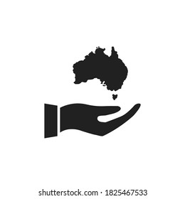 Hand holding Australia icon. Black continent outline on human arm. Vector illustration isolated on white. Environment protection concept.