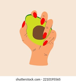 Hand, die einen Avocado hält. Vektorgrafik. Alle Elemente einzeln