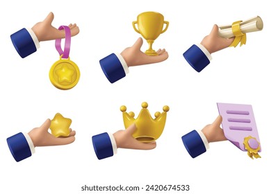 Hand holding award icons - crown, medal, certificate, prize, graduation cap, and star. Graduation Icons set in 3D vector render style.