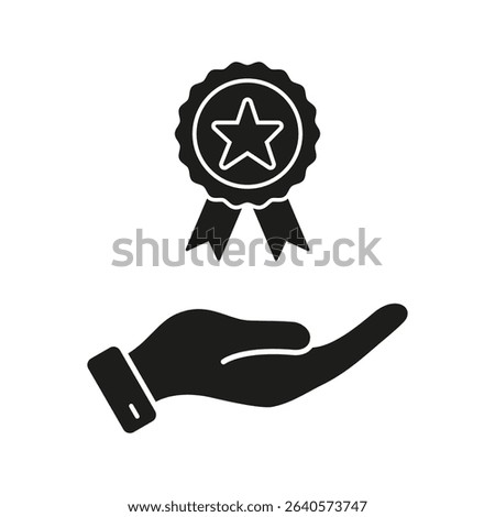 Hand Holding Award Ribbon Solid Icon. Recognition, Achievement, And Excellence Silhouette Symbol. Reward And Success Representation. Isolated Vector Illustration.