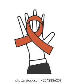 hand holding awareness ribbon symbol in cartoon hand drawing style