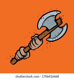 Mano sosteniendo hacha. Concepto de vector de armas. Equipo de helicóptero de madera. Tejas de madera. Ilustración aislada sobre fondo naranja