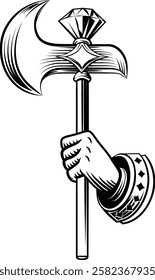 A hand holding an axe medieval weapon design illustration in a vintage woodcut retro tattoo style