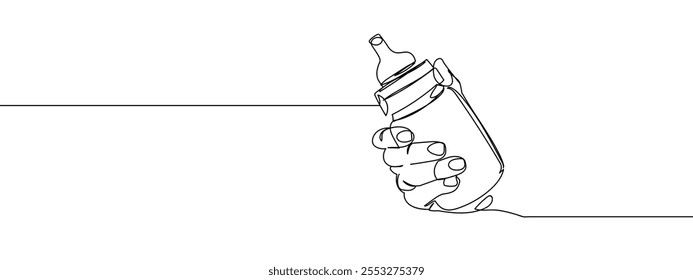 hand holding baby bottle line art vector illustration with transparent background.