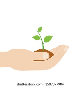 A hand holding a baby plant dig inside soil.Ecology concept.