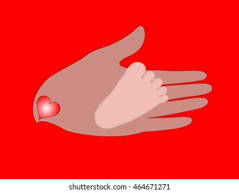 A hand holding a baby's foot as a symbol of care and affection. The hand has a shaped heart, the symbol of love - vector illustration