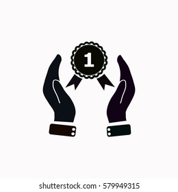 Hand holding badge  icon. Vector design.