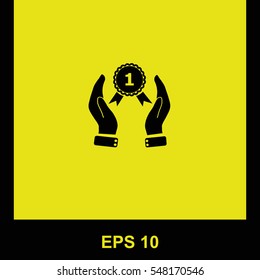 Hand holding badge vector black icon. Isolated illustration. Business picture.
