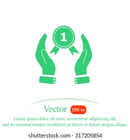 Hand holding badge vector icon.