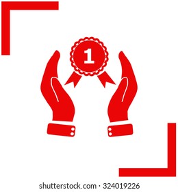 Hand holding badge vector icon.