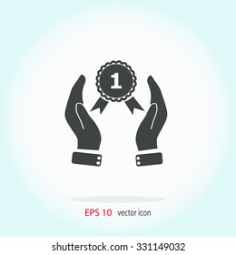 Hand holding badge vector icon.