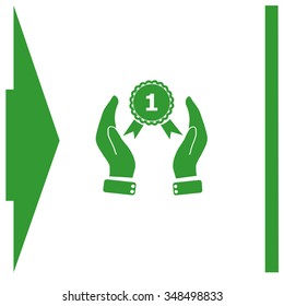 Hand holding badge vector icon.