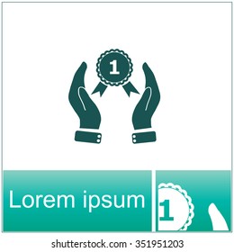 Hand holding badge vector icon.