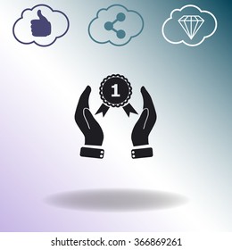 Hand holding badge vector icon.
