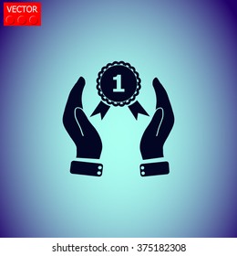 Hand holding badge vector icon.
