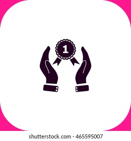 Hand holding badge vector icon on white background.