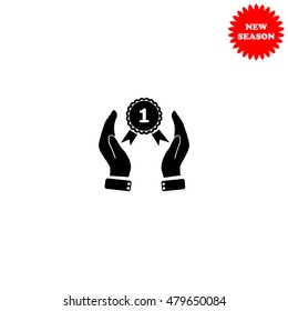 Hand holding badge vector icon isolated on white background.