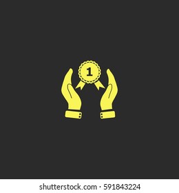 Hand holding badge vector  icon.