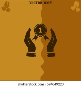 Hand holding badge vector  icon Coffee symbol background.