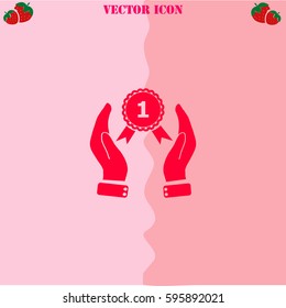 Hand holding badge vector  icon. Strawberry Background.
