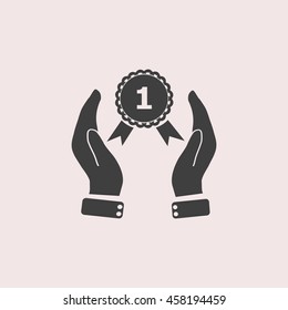 Hand holding badge web icon. Isolated illustration