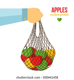 Hand holding bag with apples. Eco farming healthy vegetarian or vegan diet. Agriculture concept. Banner template with place for your text. Vector illustration