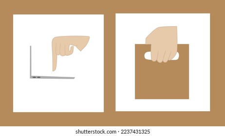 hand holding a bag and hand with computer for order and delivery