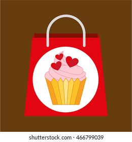 hand holding bag cupcake hearts, fresh bakery products, vector illustration