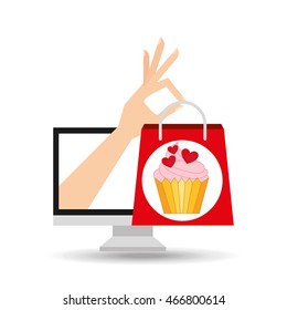 hand holding bag cupcake hearts, fresh bakery products, vector illustration