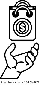 A hand holding a bag with a dollar sign on it