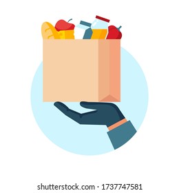 Hand holding bag with food. Vector illustration concept for safe grocery delivery, ordering food online