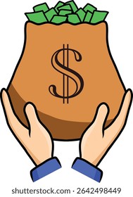 Hand Holding Bag full of Money with Dollar icon editable vector design Illustration