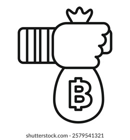 Hand holding a bag of money with the bitcoin symbol on it, representing the concept of investing in cryptocurrency