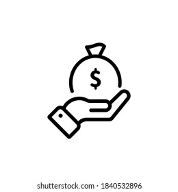 Hand holding bag with money icon in black. Money sack sign. Vector on isolated white background. EPS 10