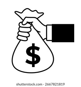 Hand holding a bag of money vector illustrations with black and white design