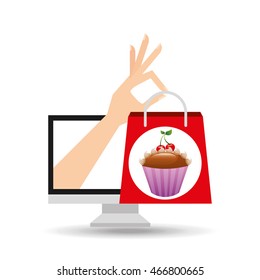 hand holding bag muffins, fresh bakery products, vector illustration
