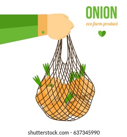 Hand holding bag with onions. Eco farming healthy vegetarian or vegan diet. Agriculture concept. Banner template with place for your text. Vector illustration 