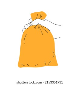 Hand holding bag outline and flat vector illustration. Line style, sketch, symbol, icon on a white isolated background